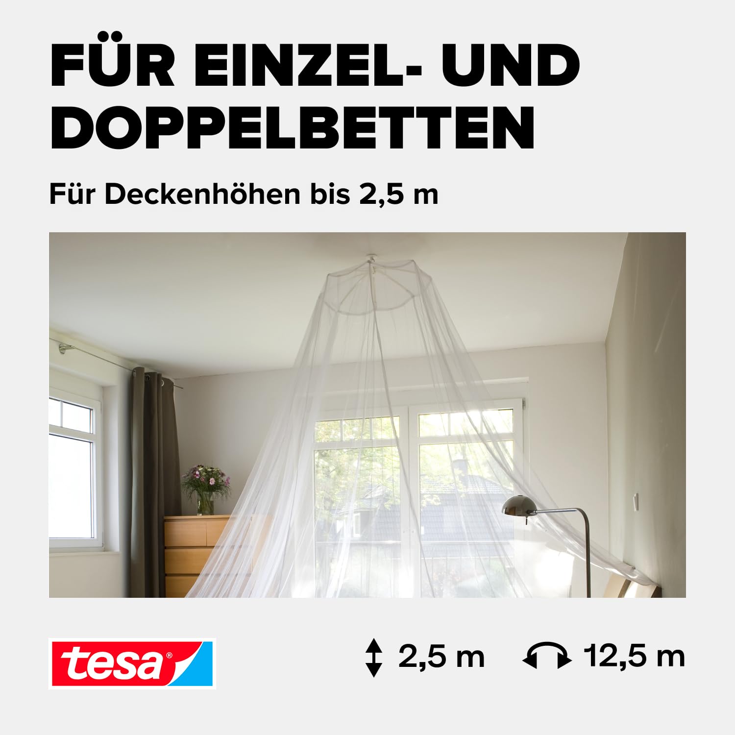 tesa Insect Stop Moskito Bettnetz Premium - Insektenschutz für Doppelbetten - Im praktischen Beutel ideal für Reisen - 125 cm x 250 cm - Weiß (Leichter Sichtschutz)