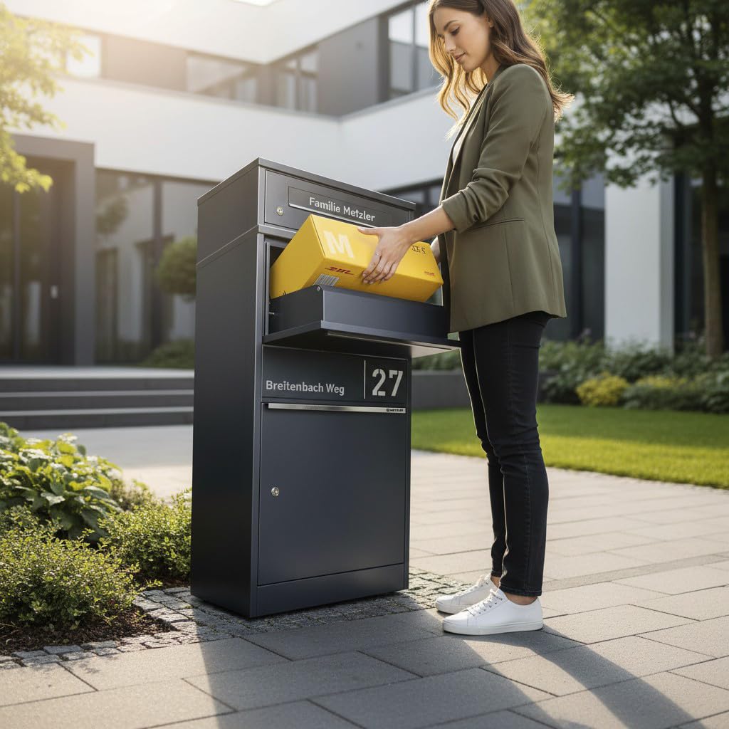Metzler Paketbox draussen groß in Anthrazit - Briefkasten mit Paketfach personalisiert mit Gravur - Standbriefkasten mit Edelstahl Namensschild pulverbeschichtet in RAL 7016 rostfrei und massiv