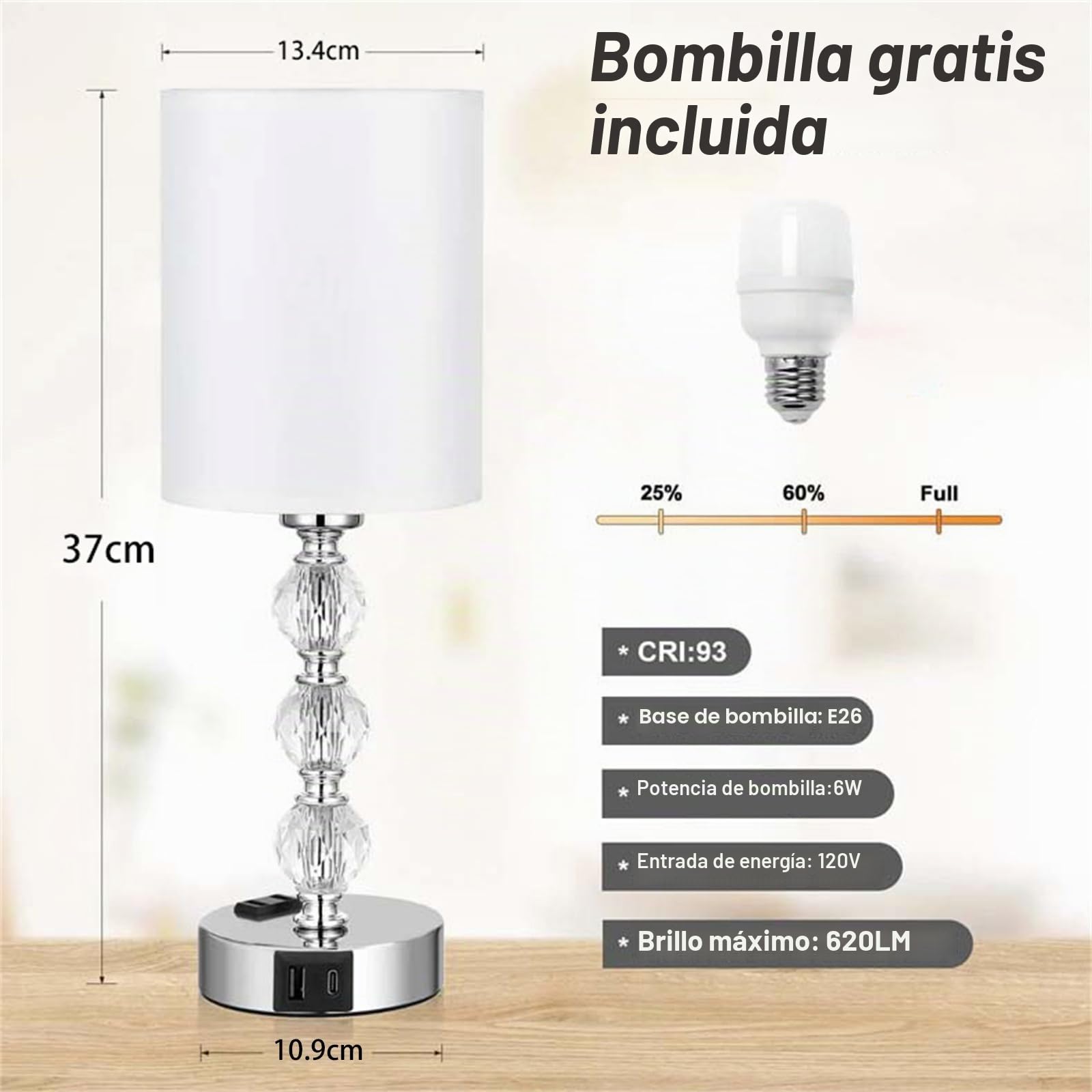 Lámparas de Mesita Regulable Táctil 3 Vías con Bombilla Lámpara de Mesa con Puerto de Carga USB A+C & Toma CA Lámpara de Noche Cristal con Pantalla Blanca Lámpara de Escritorio para Salón (A,2 Piezas)
