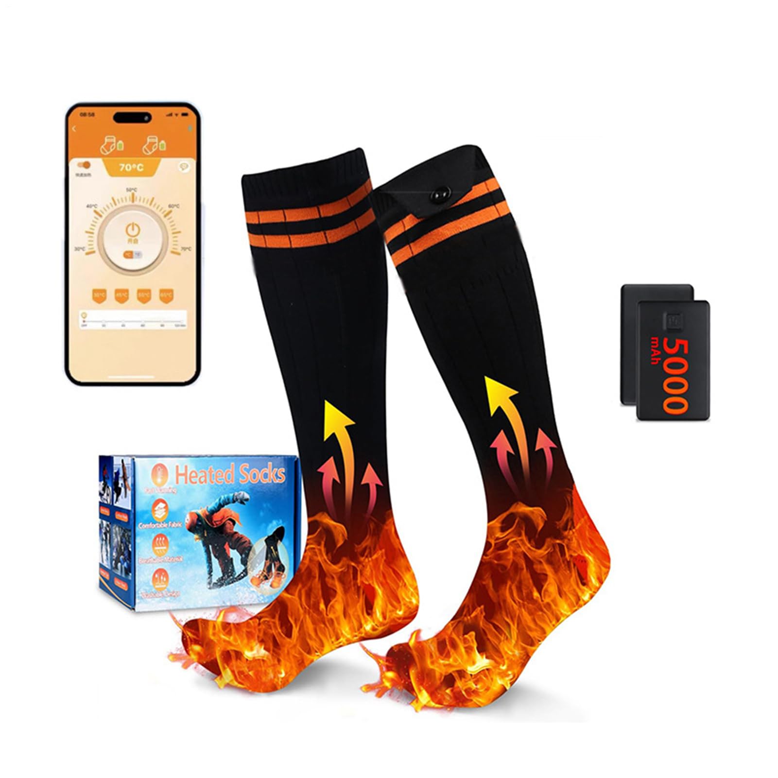 Calcetín eléctrico – Tamaño 36-46, batería recargable de 5000 mAh, calcetines calefactados con control de aplicación, calentadores de algodón, calcetines de esquí, senderismo, camping, correr, caza