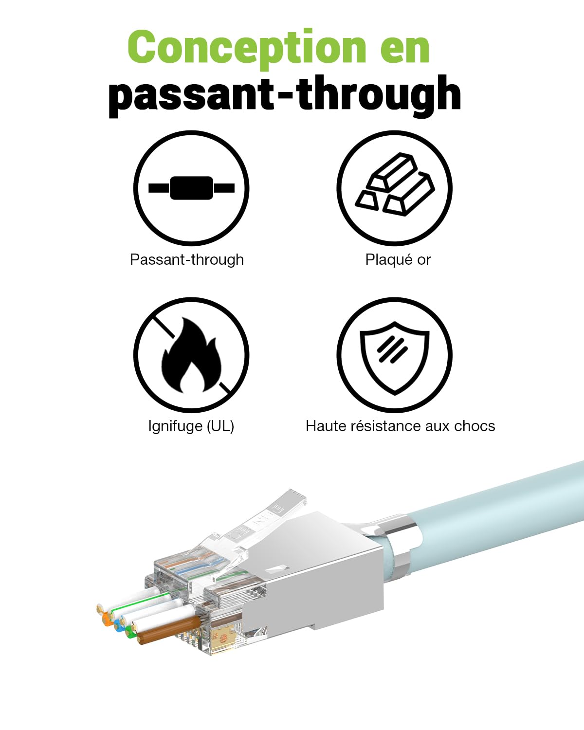 Connecteur rj45 Cat7 Pass Through Lot de 30, Plaque or Prise rj45 Cat7 Cat6a, 10 Gbit/S 600 MHz, POE Fiche RJ45 Pour CâBle de Pose Blindé Avec Enfile et Protection Anti-Torsion