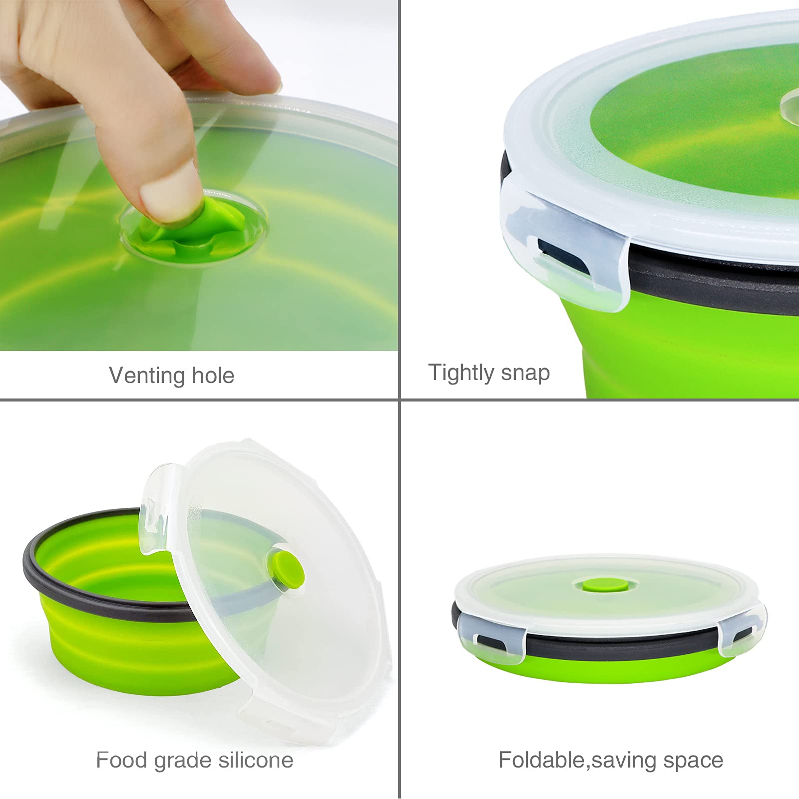 NEUSID Ciotola da campeggio portatile, in silicone, pieghevole, con coperchio, per viaggi, campeggio, escursionismo, picnic, cucina, 500 ml, verde