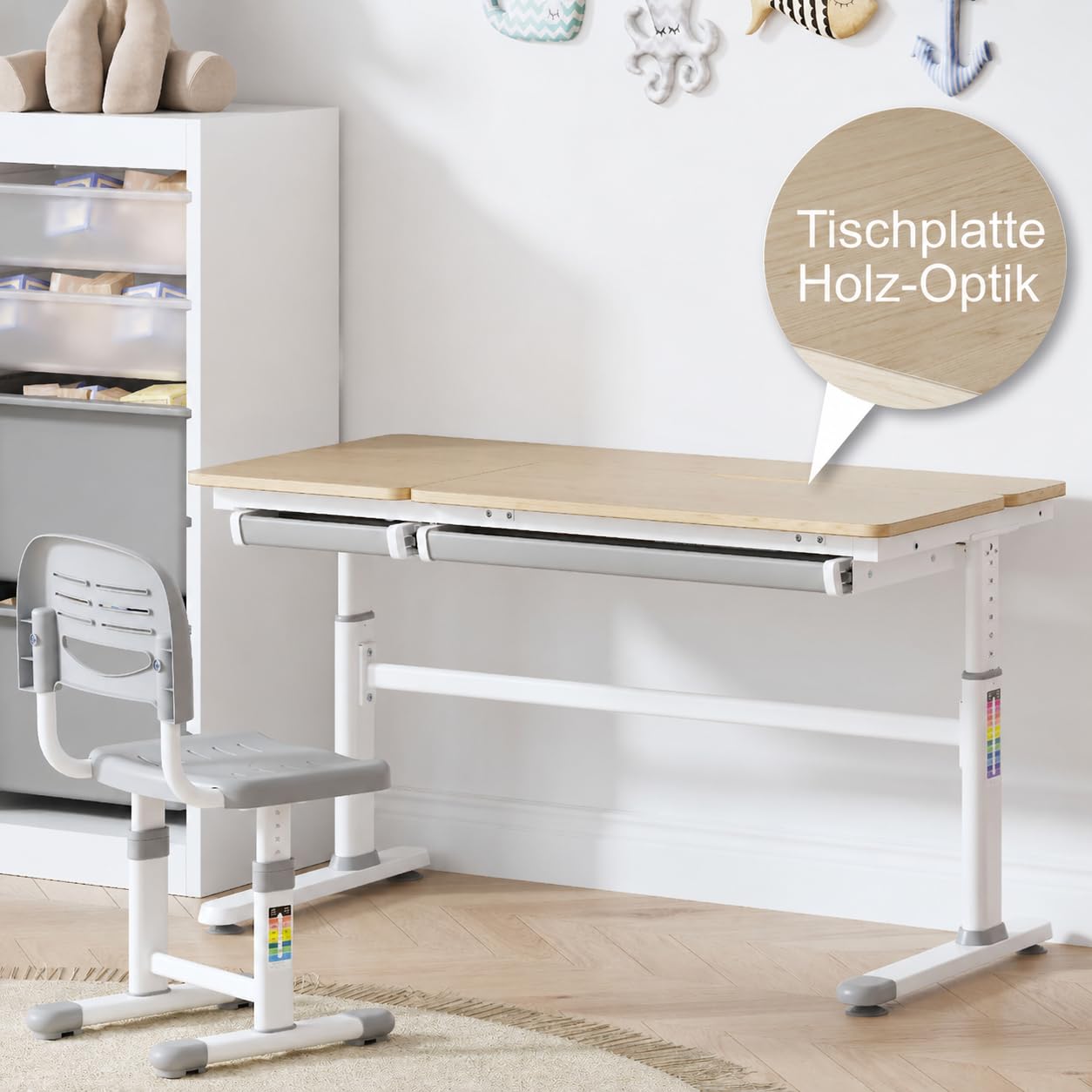 HOKO Kinderschreibtisch, Höhenverstellbar Kinderschreibtische 120x60 cm, Schreibtisch Kinder ab 6 Jahren, neigbare Tischplatte mit Schubladen, 100kg Belastbarkeit, Verstellbar von 54-76cm (Holz,CELIN)