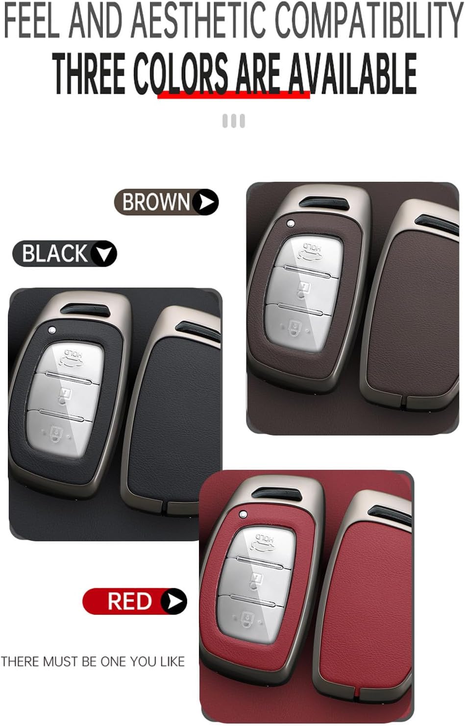 SANRILY Metal & Leather 3/4 Button Key Fob Cover Case Compatible with Hyundai Elantra Ioniq Sonata Tucson Elantra GT 2016-2021 Keyless with Keychain Red