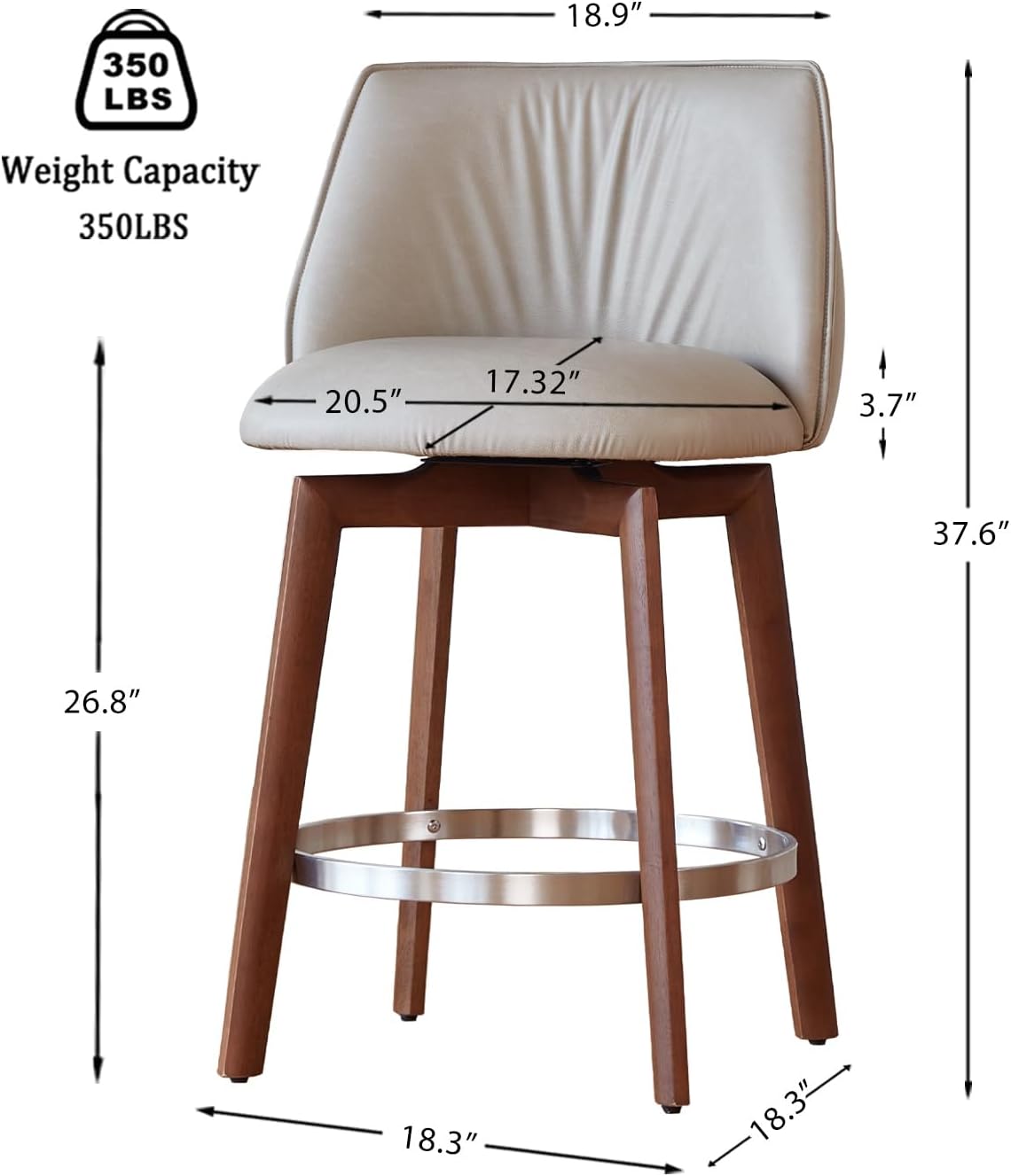 Modern Counter Height Bar Stools Set of 3, 26'' Swivel Bar Stools with Backs Sturdy Solid Wood Legs,Khaki Faux Leather Counter Stools for Kitchen Island