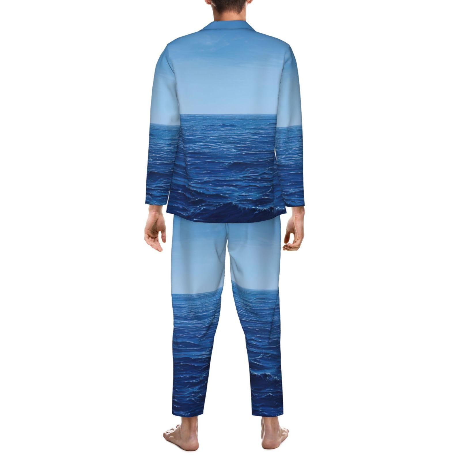 Pigiama a maniche lunghe da uomo con stampa oceano blu oceano mare set due pezzi abbigliamento da casa traspirante accogliente weekend
