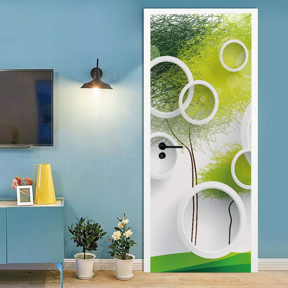 Sticker de porte effet 3D relief blanc papier peint escaliers et salon