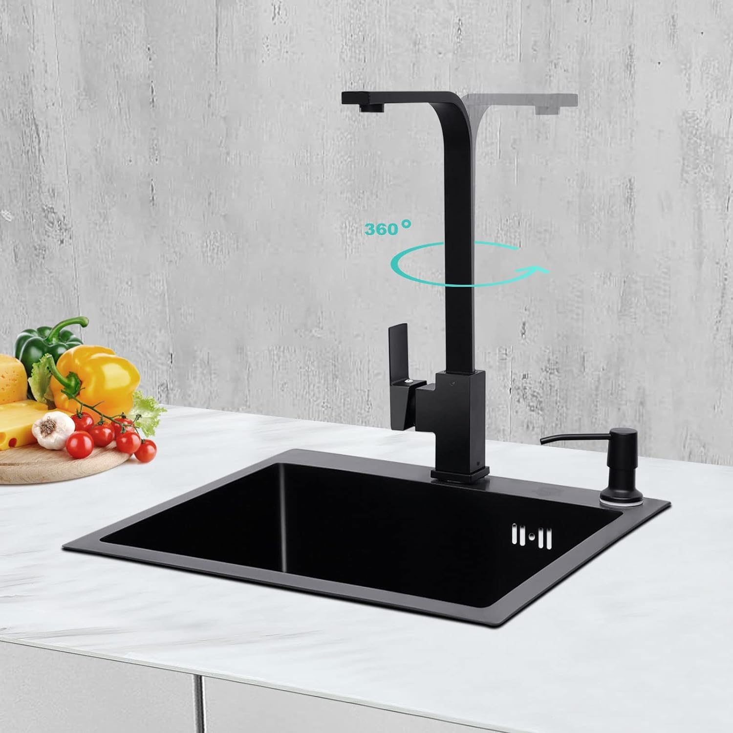 Spüle, Spülbecken Edelstahl mit Armatur Schwarz, Einbauspüle Küchenspüle Granitspüle für 45 cm Unterschrank, mit Küchenarmatur 360° Drehbar, Seifenspender, Über und Ablaufgarnitur