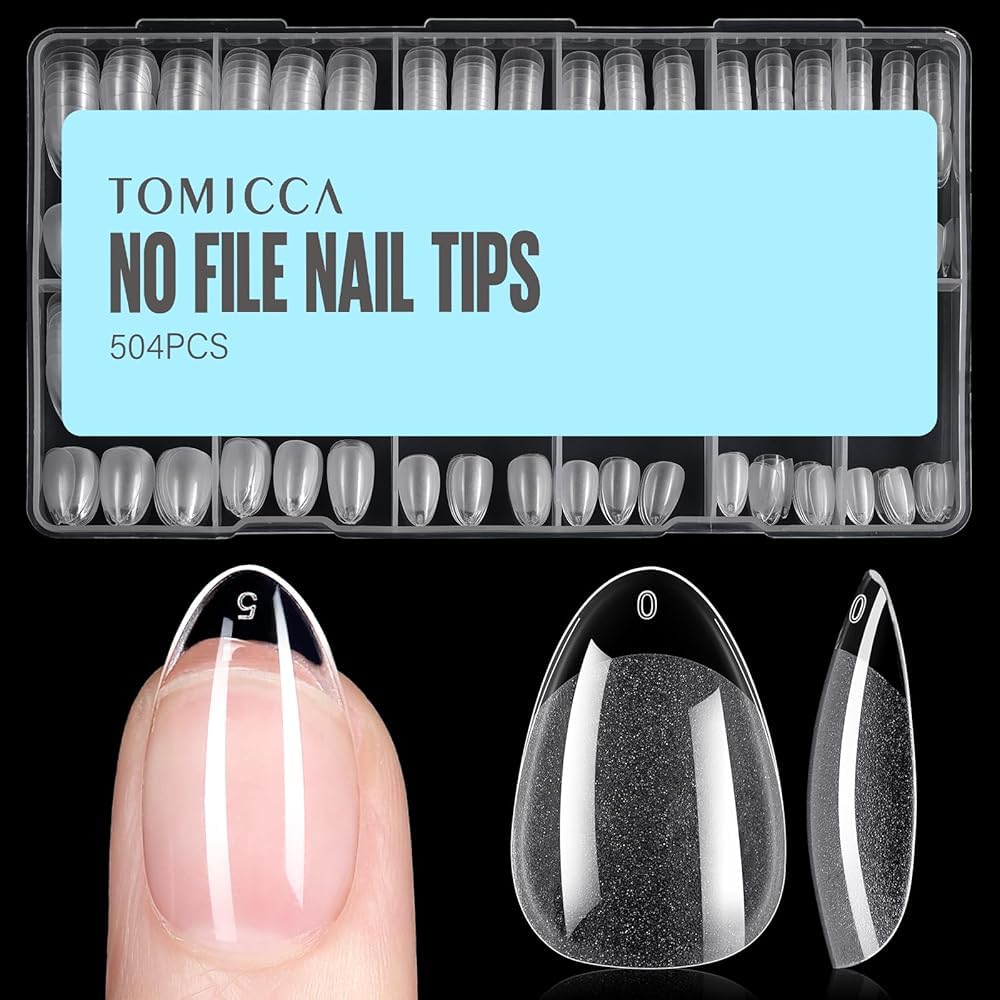 TOMICCA 504 Stück amerikanische Mandel-Nagelkappen, 12 Größen, klar, matt, künstliche Nägel, Aufbewahrungskoffer, Acryl, Anbringung, Kapsel für Haarverlängerungen, DIY
