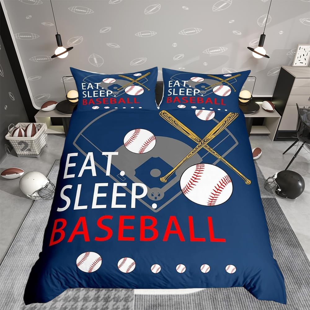 richhome Kids Baseball Gaming Duvet Cover Junior/Cot Bed Navy Blue for Boys Girls Teens Bedroom Decor Softball Bedding Set Women Men Ball Games Comforter Cover Set including 1 Pillow Case