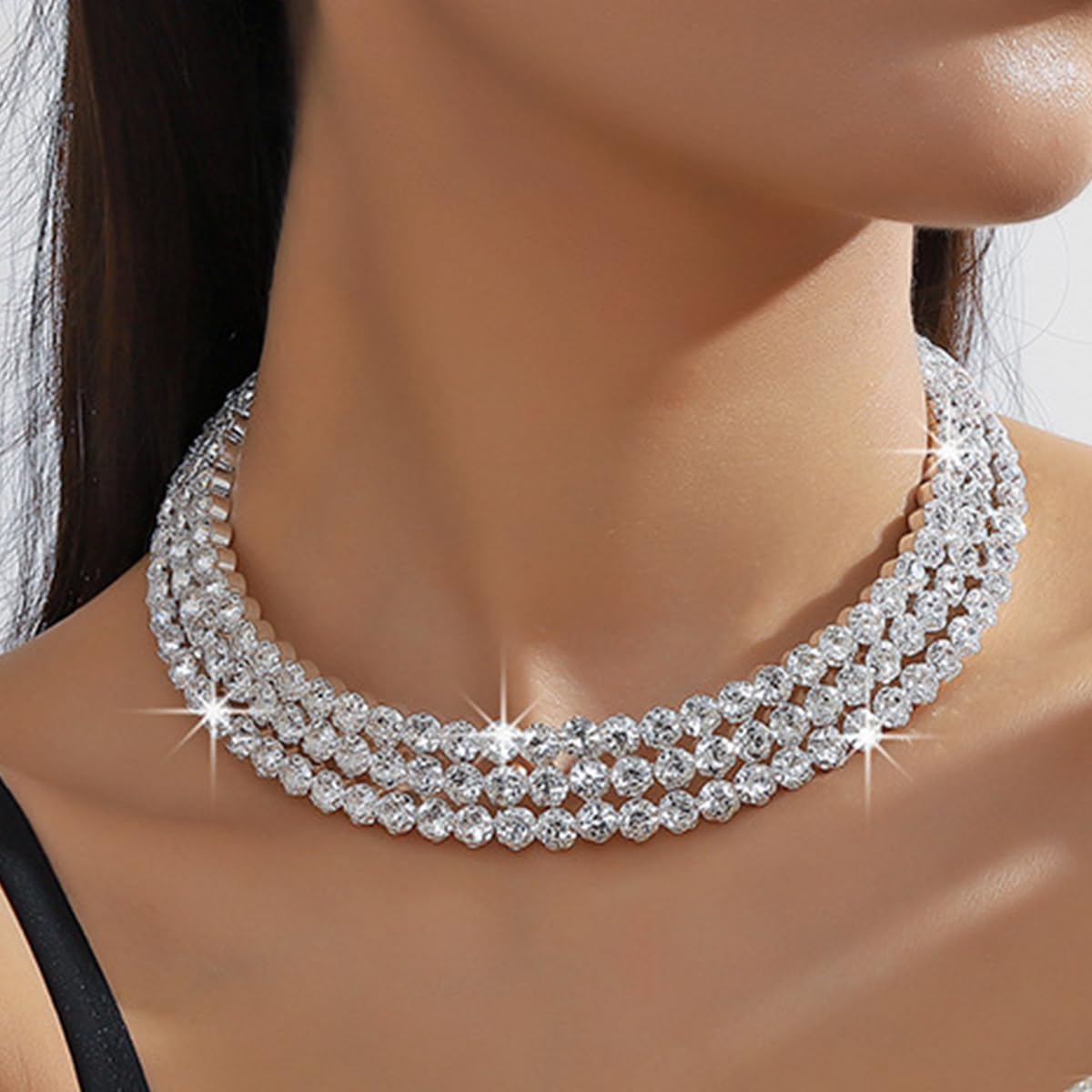 14K Gold Plated 3 Layer Rhinestone Choker Necklace for Women, Sparkly Crystal Statement Collar Necklace, Bridal Wedding Prom Evening Party Fashion Jewelry Gift