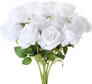 TFSWUFI White Roses Artificial Flowers 15 PCS, Fake Roses Silk Flowers with Long Stems, Faux Rose for Wedding Centerpieces, Home Decor, Indoor Floral Arrangements, Party Decor, DIY Bouquet (White)