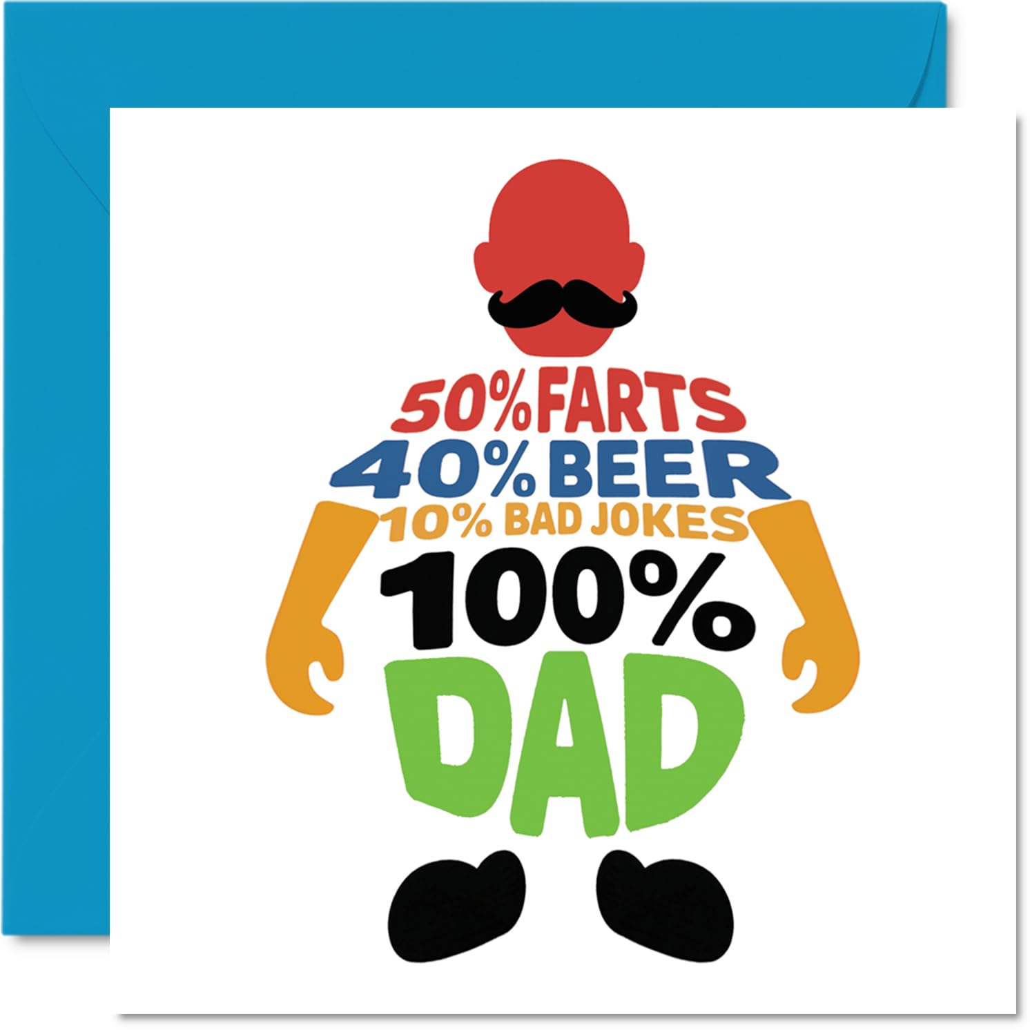 Funny Birthday Card - Playful Dad Stats for a Proper Laugh - Bold Multi-coloured Design with Cheeky Percentages, Father's Day - 145mm Square, Envelope Included