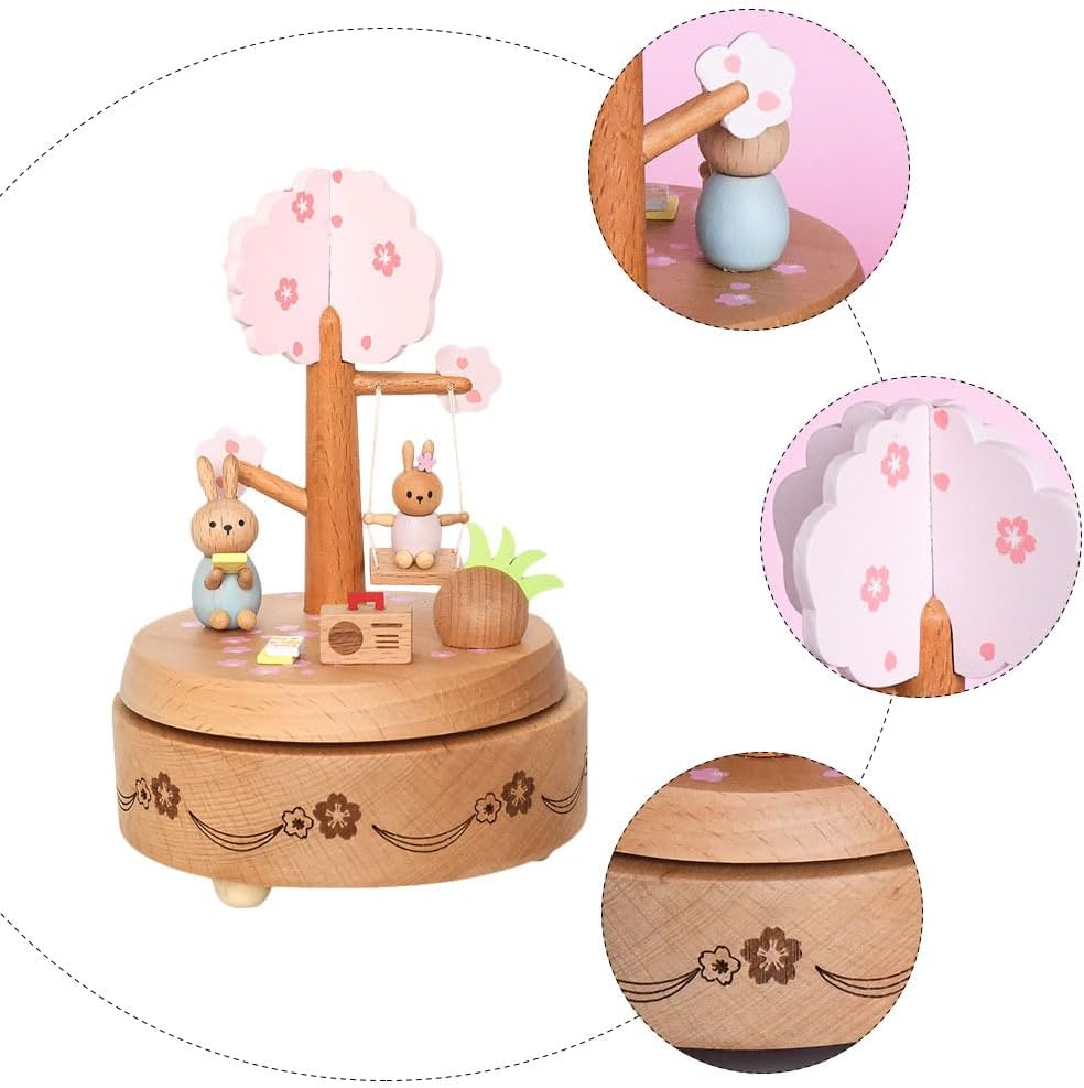 Wooden Music Box Bunny Rotating Music Box Wooden Mechanical Mini Rabbit for Birthday Baby Shower Christmas Easter Party