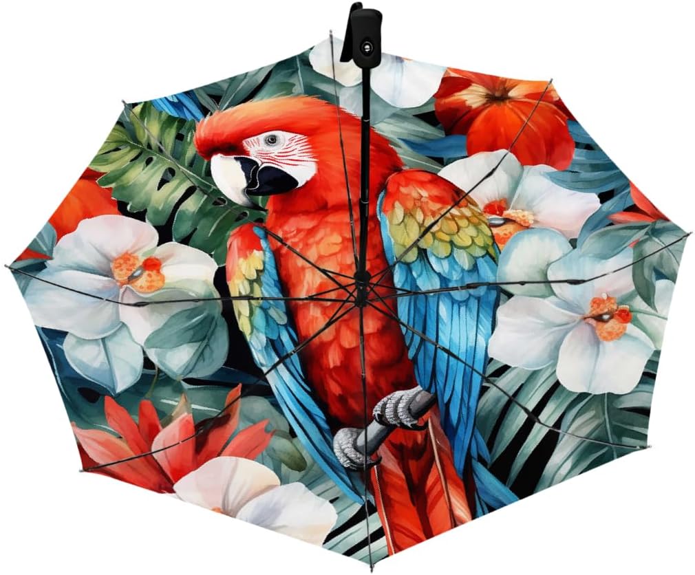Tropical Palm Flower Parrot Folding Umbrella Windproof Compact Lightweight Travel Umbrella with 8 Reinforced Ribs, Portable UV Sun & Rain Protection for Men & Women