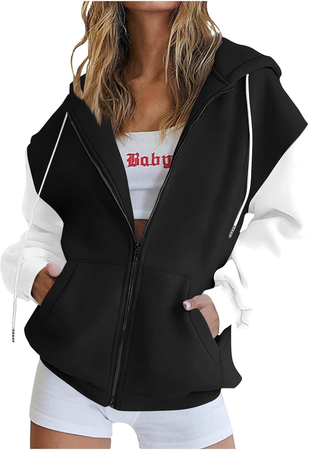 Oversized Zip Up Hoodies for Women Fleece Lined Color Block Jacket Loose Fall Fashion 2025
