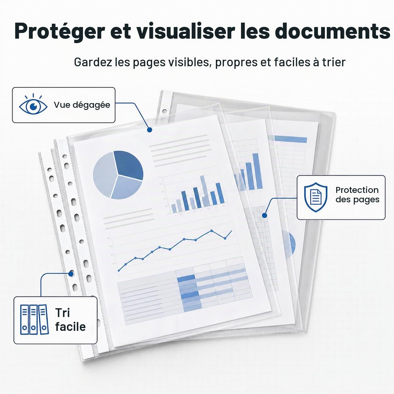Lot de 100 pochettes transparentes A3, pochettes transparentes DIN A3, feuilles en plastique transparent, pochettes perforées en plastique transparent pour dossiers A3, documents, papiers