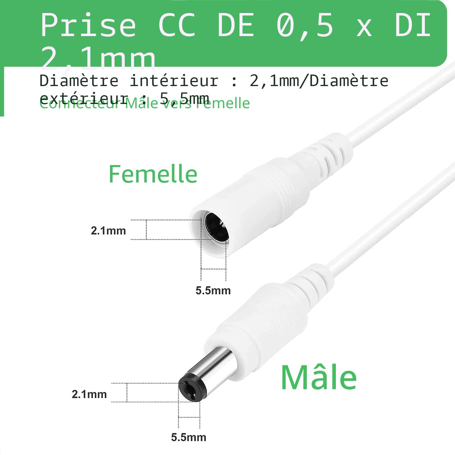 Câble d'extension de 3 m, prise 5,5 mm x 2,1 mm, DC 5 V 6 V 9 V 12 V 24 V pour caméra de vidéosurveillance, illuminateur infrarouge, imprimante, bande LED, blanc