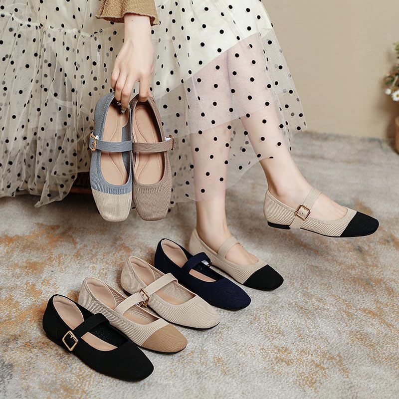 Women's Mary Jane Flats with Arch SupportSquare Toe Ballet Flats, Comfortable Knit Dress Shoe Adjustable Strap On Shoes Shoes3