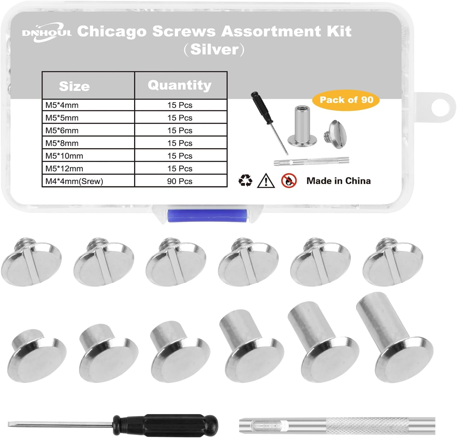 90Sets Chicago Screws Leather Rivets Assorted Screw Rivet M5 Chicago Leather Screw for Decoration and DIY Leather Craft Belt Bag Shoes Purse Bookbinding（M5*4,5,6,8,10,12） (Silver)