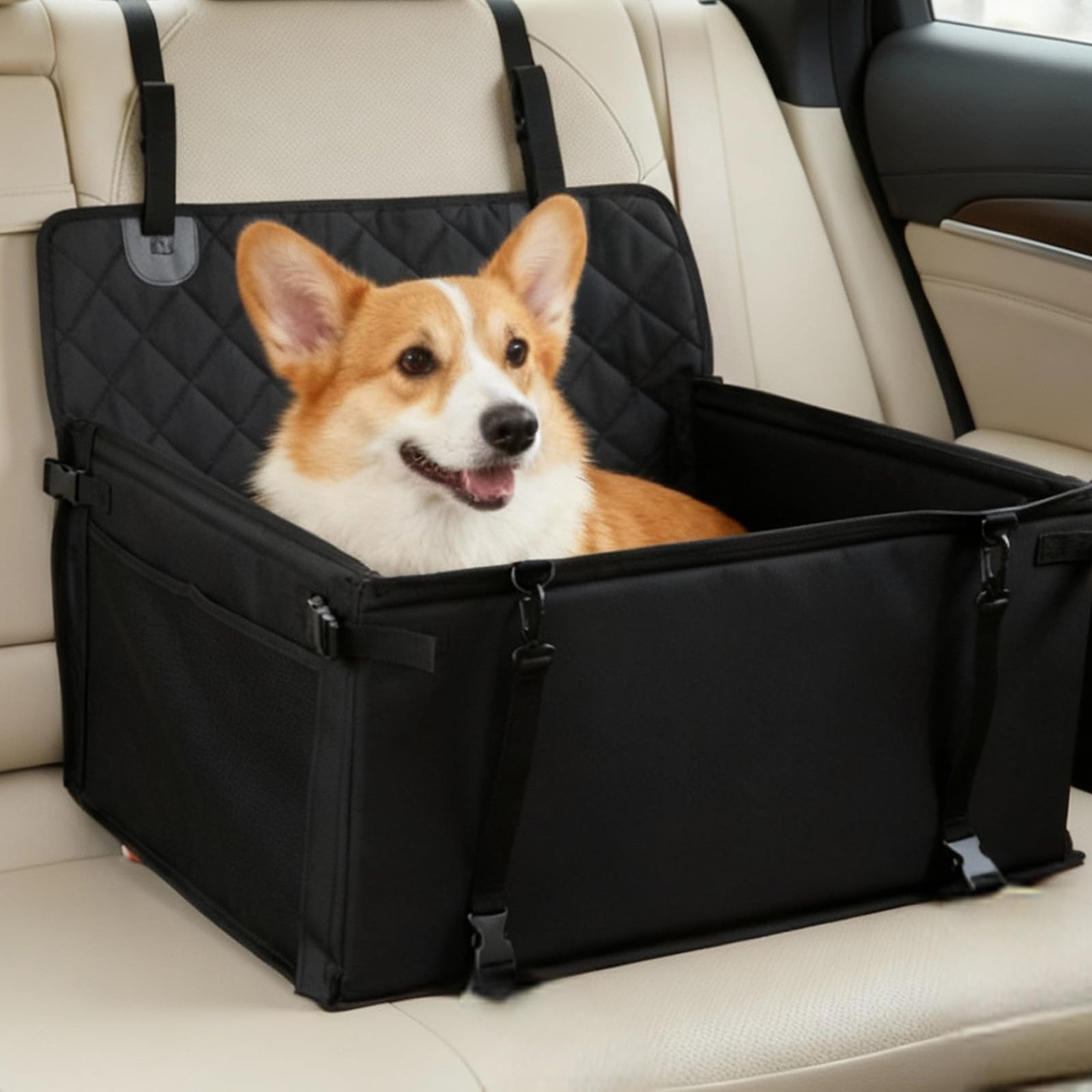 Extra Stabiler Hunde Autositz für Rücksitz mit Sicherheitsgurt – Robuster Hundesitz Auto mit 4 Befestigungsgurten, rutschfest & Komfortabel für Große Hunde(Schwarz, M)
