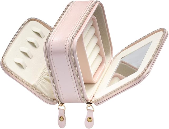 Jewellery Box,BS Small Faux Leather Jewellery Case with Zippers Built in Mirror for Women and Girls' Rings,Earrings,Necklace Organizer Jewelry Storage Box,Small Size,Pink