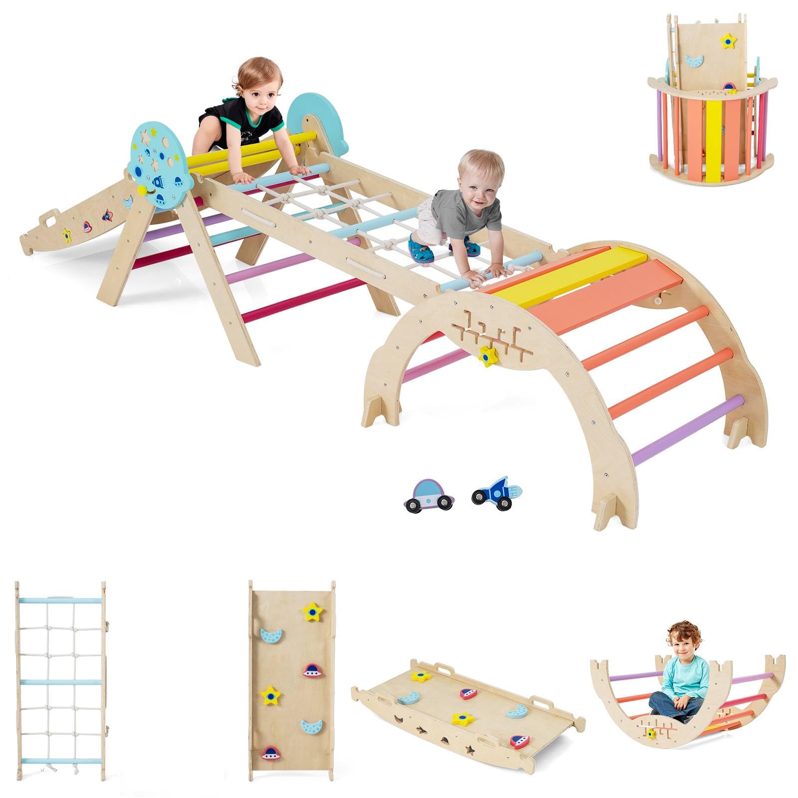 GYMAX 8 in 1 Kids Climbing Set, Wooden Toddler Climber with Arch, Climbing Rope and Reversible Ramp, Indoor Climbing Frame for 3 Years Old + (Colorful, Spaceman-Themed: 281 x 53 x 58 cm)