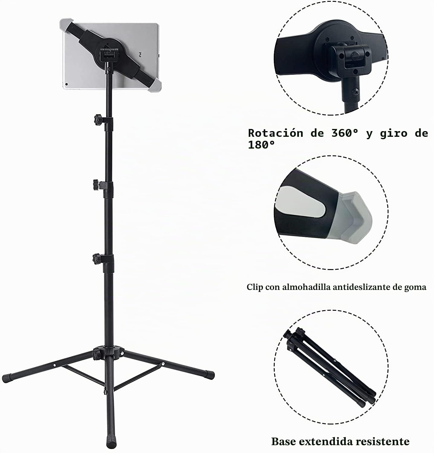 Raking Soporte de trípode para iPad, Altura Ajustable, Soporte para Tableta con rotación de 360 Grados para iPad Pro 12.9, iPad Air y Otros Dispositivos de 9.5 a 14.5 Pulgadas