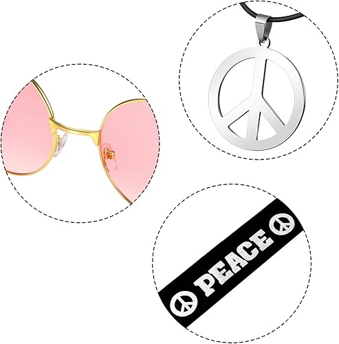 Miniatura 3 de WILLBOND Juego de 3 piezas de disfraz hippie de los años 70, accesorios para mujer, diadema hippie, collar con signo de paz, lentes de sol, signo
