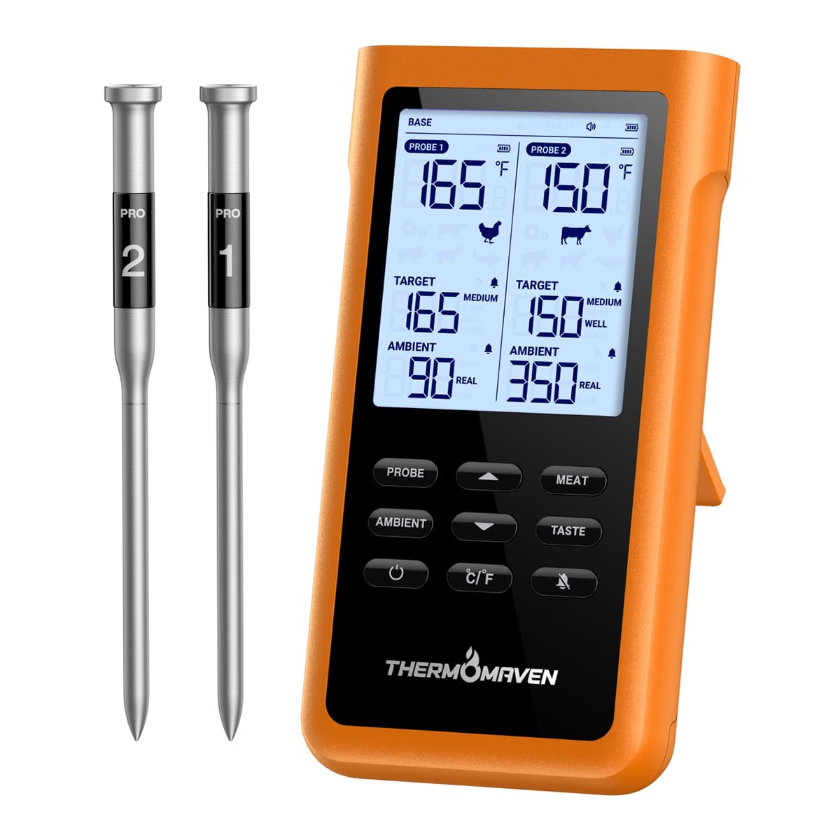 ThermoMaven 3000FT Smart Wireless Fleischthermometer, Sub-1G Langstrecke, 6 Sensoren (NIST genau), 2 dünne Sonden, Basisstation mit LCD, für Grill, BBQ, Ofen, Räucherofen (Orange)