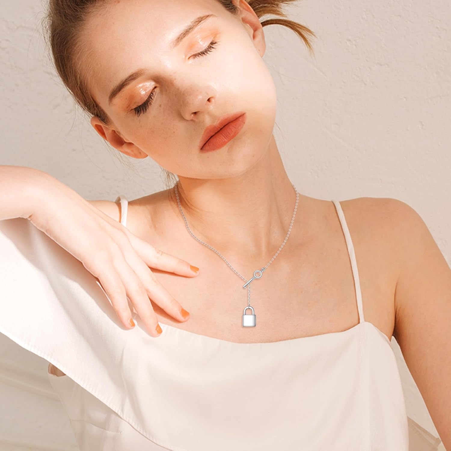 Lock Key Necklace Sterling Silver Adjustable Lariat Y Lock Pendant Necklace Padlock Key Jewelry Gifts for Women - Image 6