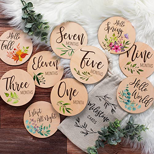 Image of Beautiful Baby Monthly Milestone Cards - The Perfect Newborn Photography Props to Document Your Baby´s Growth - 10 Reversible Wooden Circles/Discs incl. Announcement & Hello World Sign