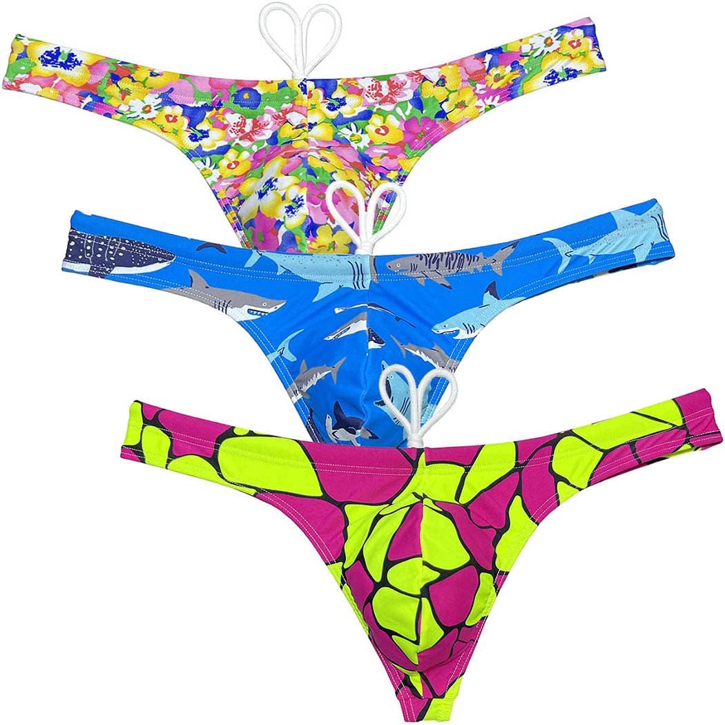 OROCOJUCO Sport Mens Print Thong Swimsuit Contour Pouch Bikini Swimwear Board Surf Short Trunks Swim Tangas