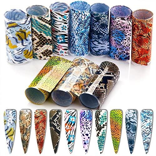 Nail Foil, Danneasy 10 Roll Snake Print Nail Foil Transfer Colorful Nail Stickers Iridescent Nail Wraps For Women Diy Nail Art Decorations #TOP28