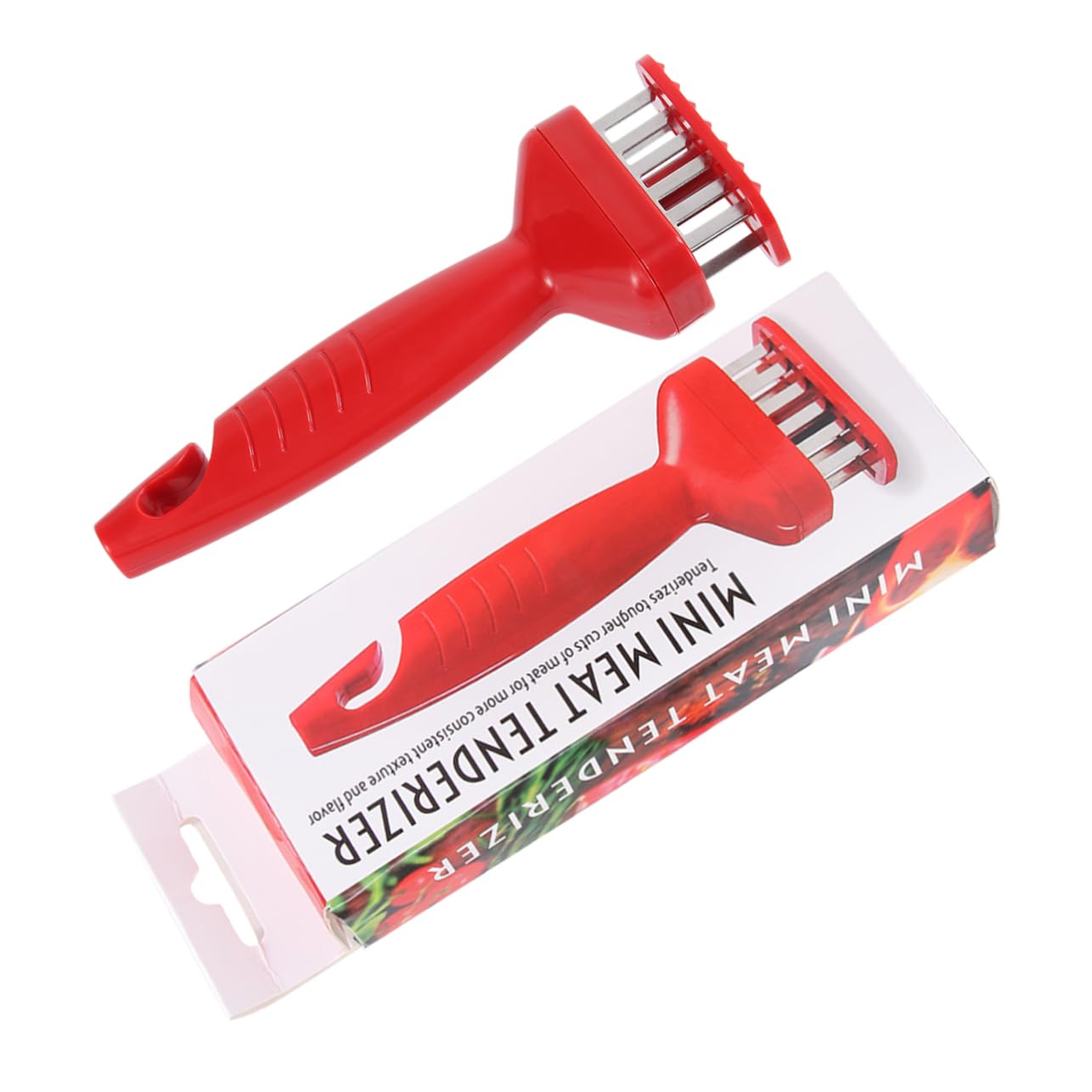 COLLBATH Stainless Steel Steak Tenderizer with Plastic Handle Meat Loosening Machine with Cover for for Beef Pork Chicken Fish Portable Kitchen Tool Red