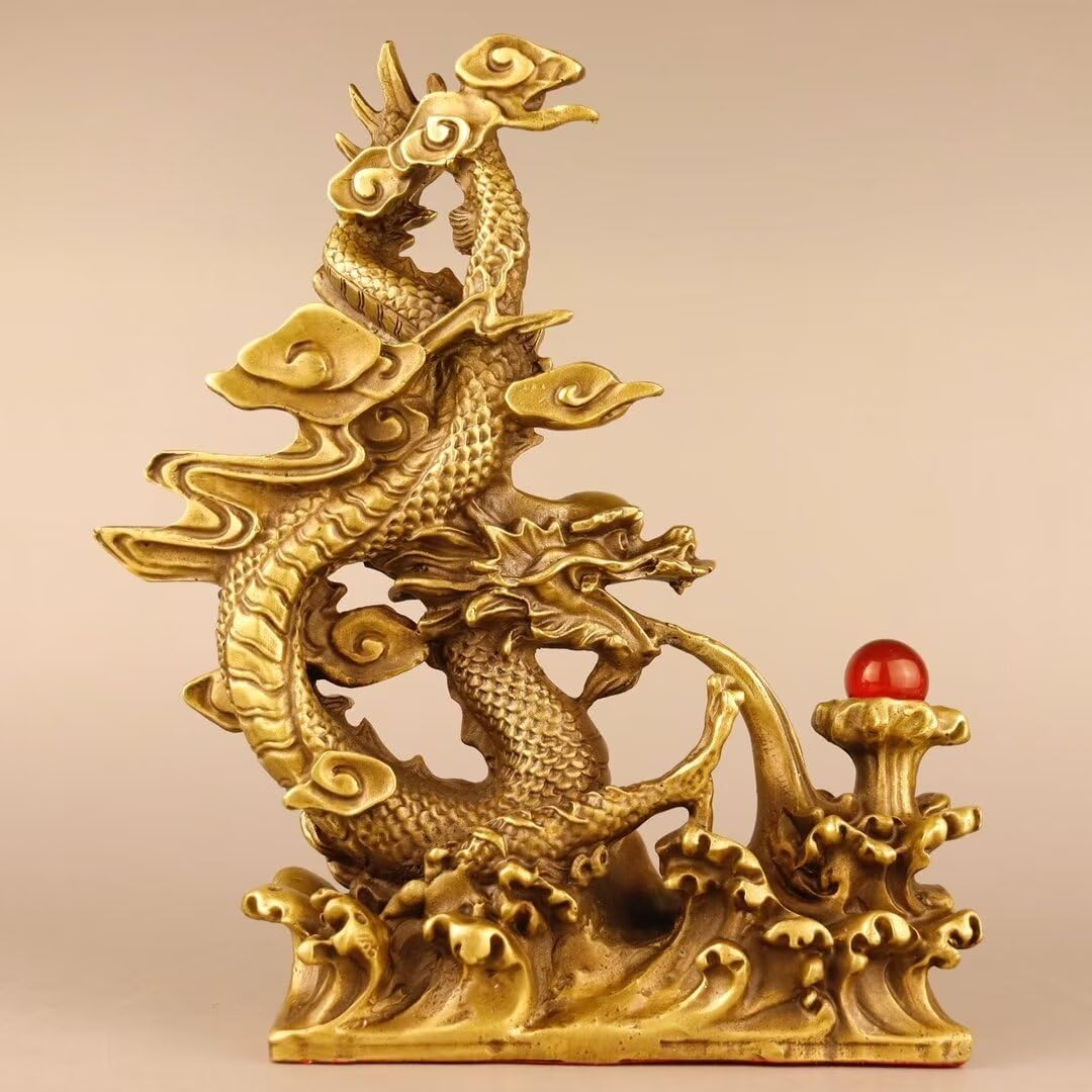 Chińska mosiężna rzeźba z drewna czysta miedź Feng Shui smok statua dom biuro biurko przynosząca szczęście dekoracja 6,7 x 2 x 7,9 cala 1,1 kg
