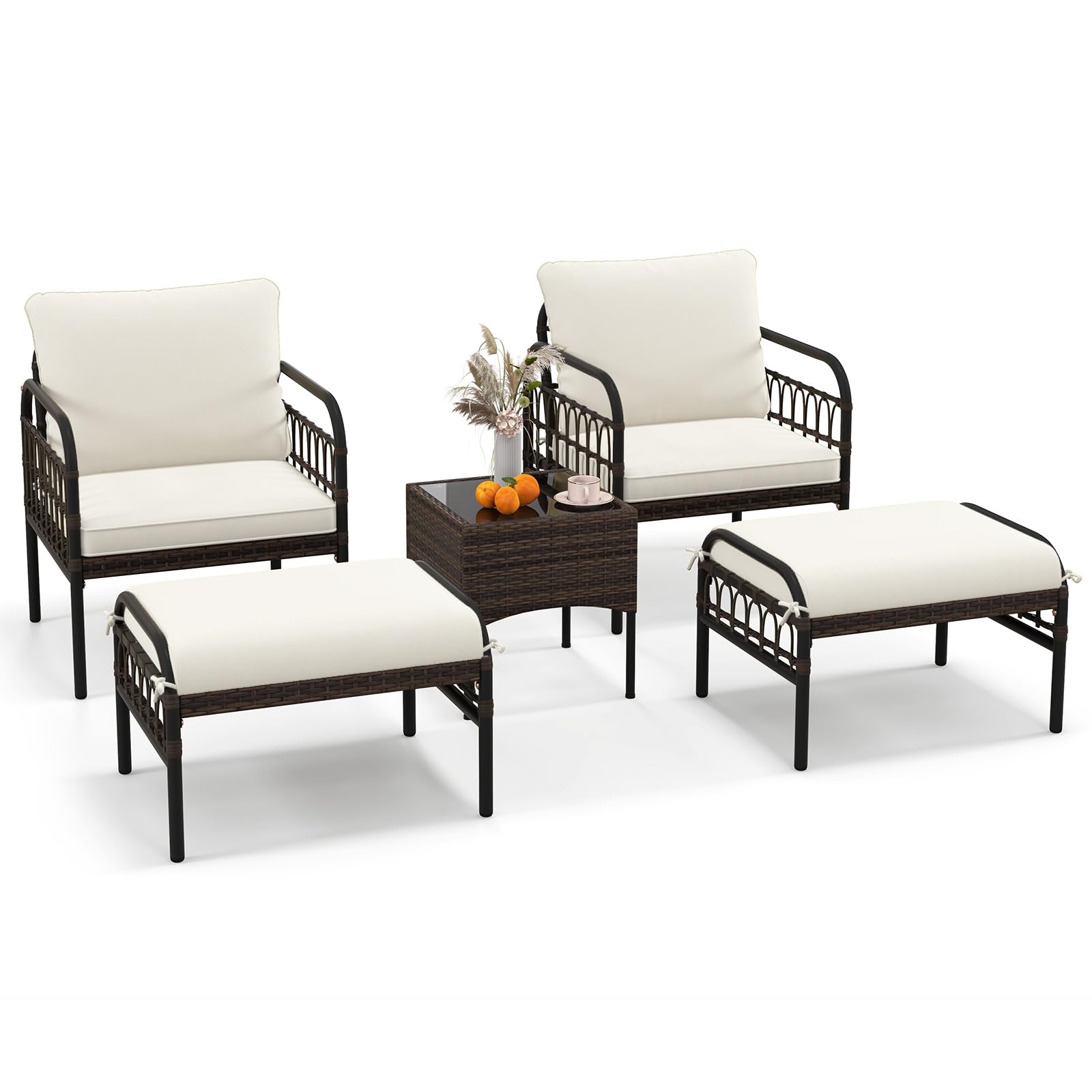 COSTWAY 5PCS Rattan Garden Furniture Set, Metal Frame Patio Sofa Set with 2 Footstools, Coffee Table and Cushions, Outdoor Wicker Conversation Furniture Table Chairs Set for Balcony Yard Poolside