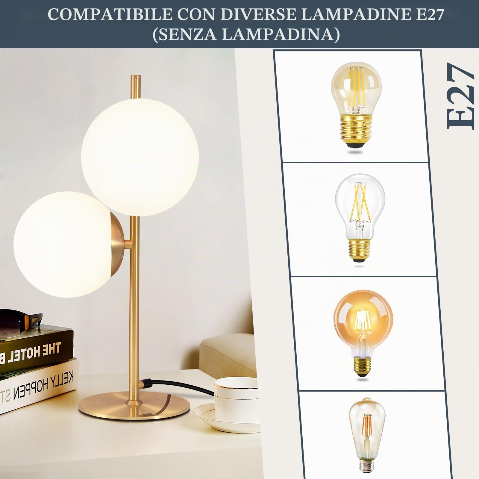 ZMH Lampada da tavolo per soggiorno, moderna, industriale, oro, 2 fiamme, con interruttore, design in metallo, vetro, lampada da comodino, in ottone, E27, per