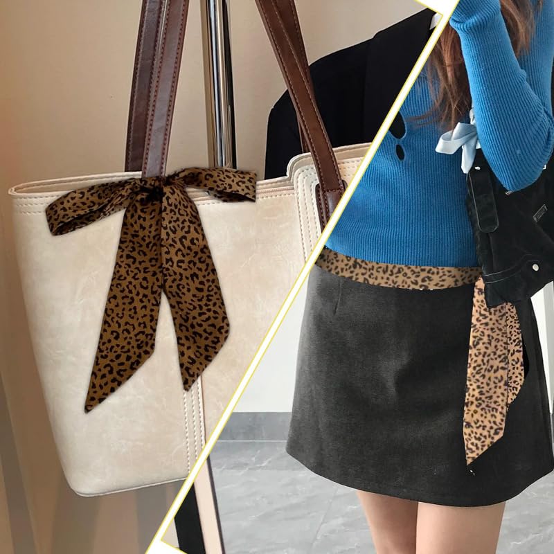 Leopard Print Skinny Tie for Women Hair Scarf Headband Leopard Silk Neck Scarf for Purse Bag Brown Long Thin Neckerchief Belt Slim Headband Long Head Scarfs3