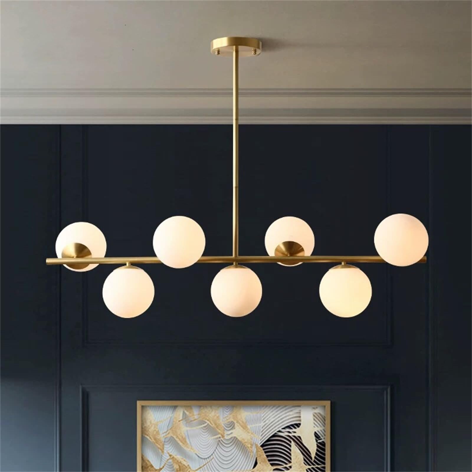 Żyrandol Globe 7 świateł Żyrandol Mid Century Liner Złota oprawa oświetleniowa do jadalni Nowoczesna wisząca szklana kula Sputnik Oświetlenie do wyspy kuchennej Salon Sypialnia Przedpokój