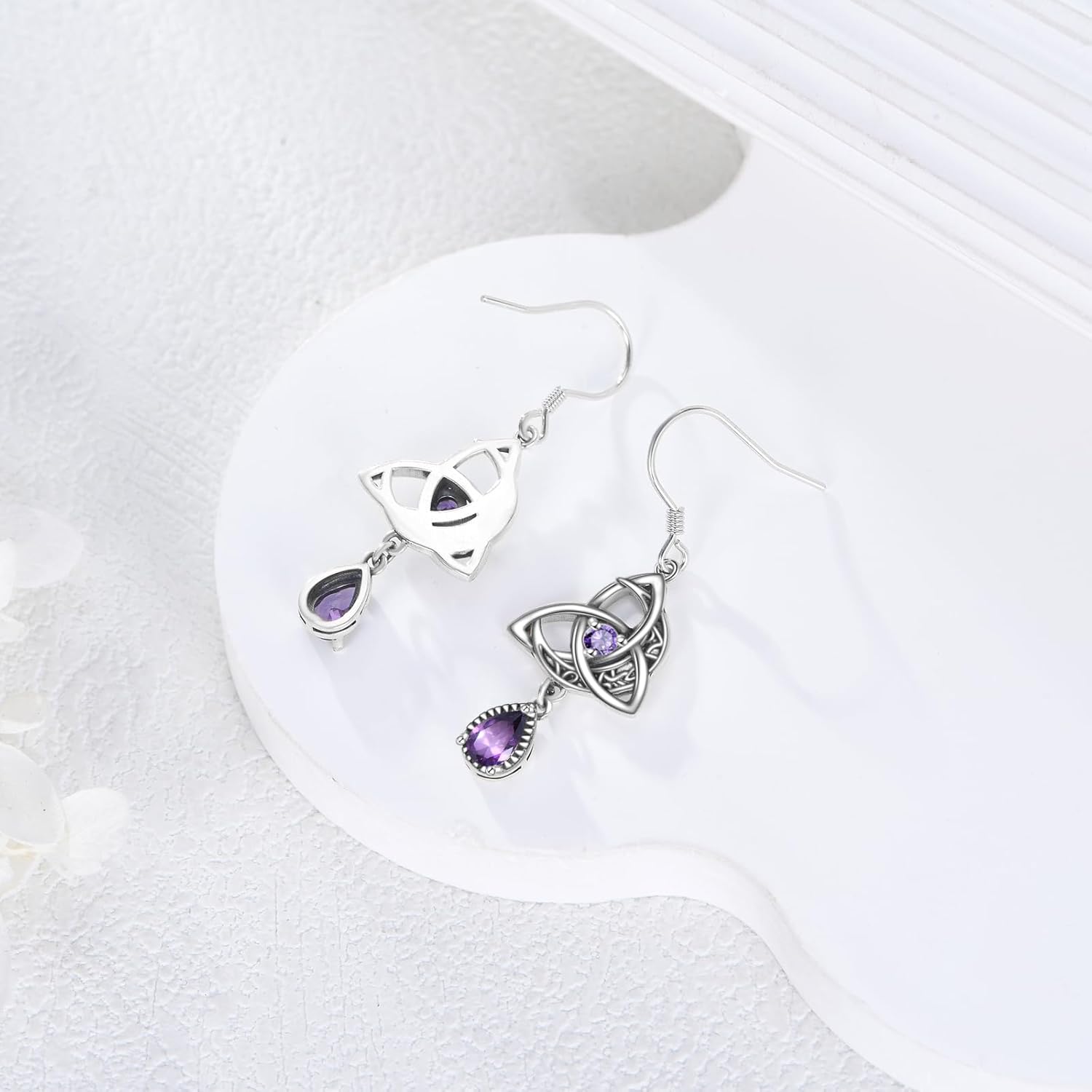 925 Sterling Silver Natural Amethsy Celtic Knot Dangle Earrings for Women Vintage Boho Healing Crystal Teardrop Purple Gemstone Birthstone Jewelry for Her