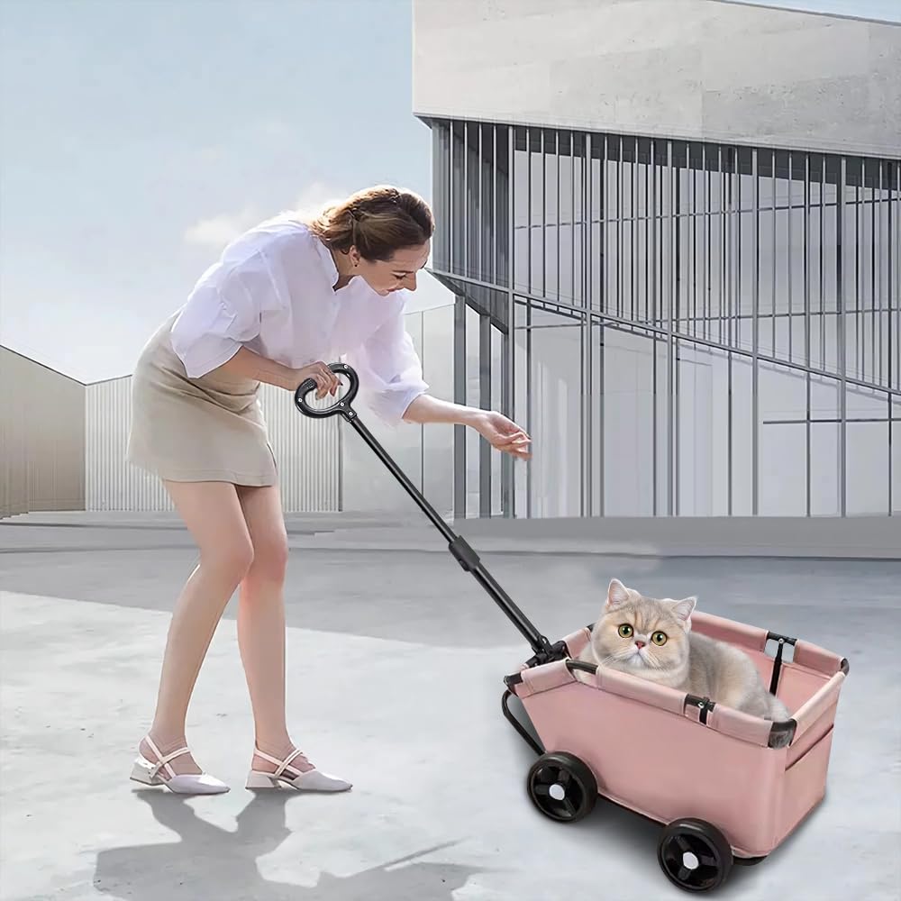 OHMG Poussette pour chien,Pliable à 4 roues,Avec tige de poussée réglable,Chariot pour chien, coussin lavable,Pour chiens miniatures jusqu'à 10 kg,Design ouvert