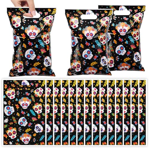 25 Pack Day of the Dead Gift Bags 25x16.5cm, Black Dia de los Muertos Party Favor Bags with Colorful Sugar Skull Designs, Small Treat Bags for Halloween, Mexican Fiesta, Cinco de Mayo Celebrations