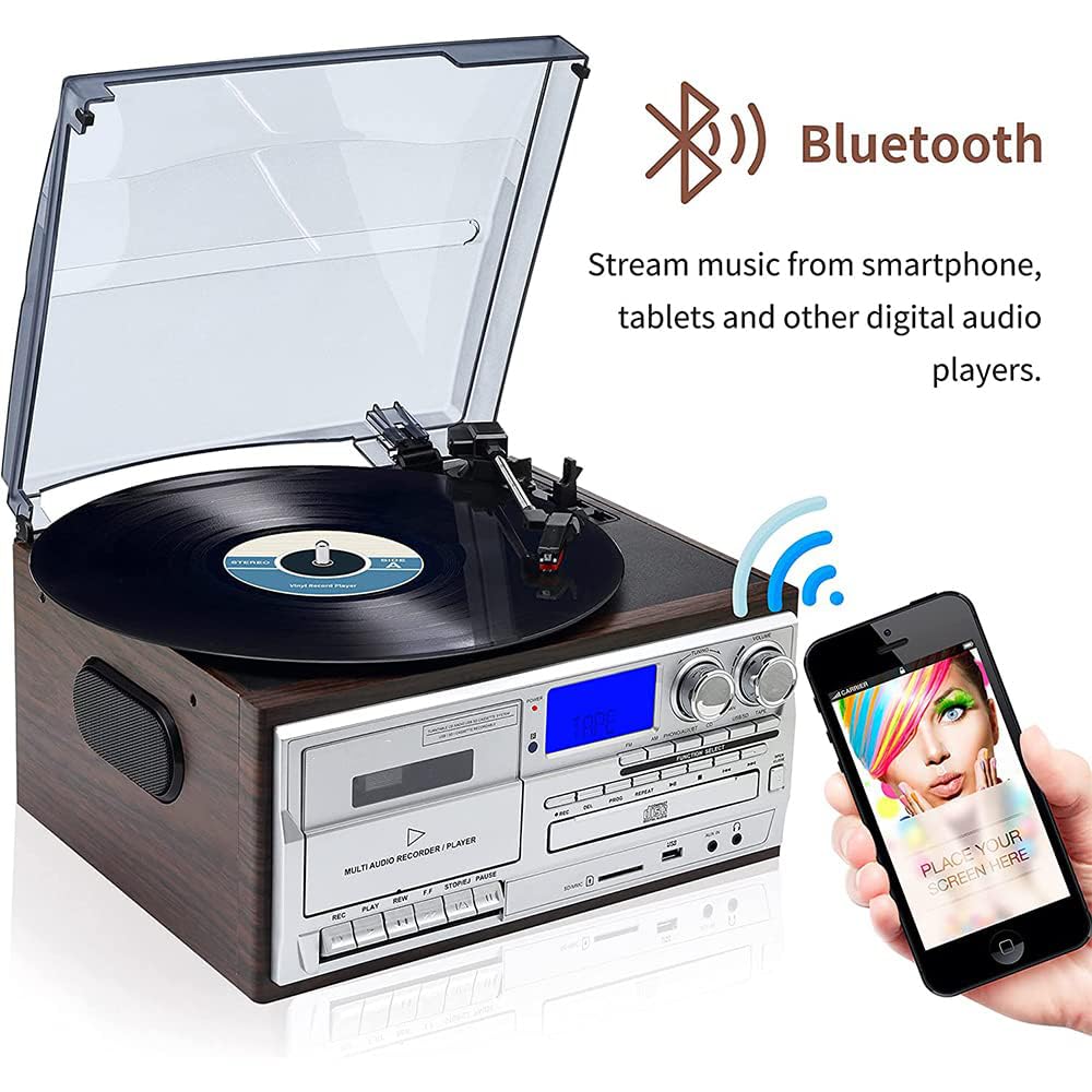 Giradischi con Bluetooth, altoparlanti integrati, giradischi vintage a 3 velocità, lettore CD e radio AM/FM per l'intrattenimento