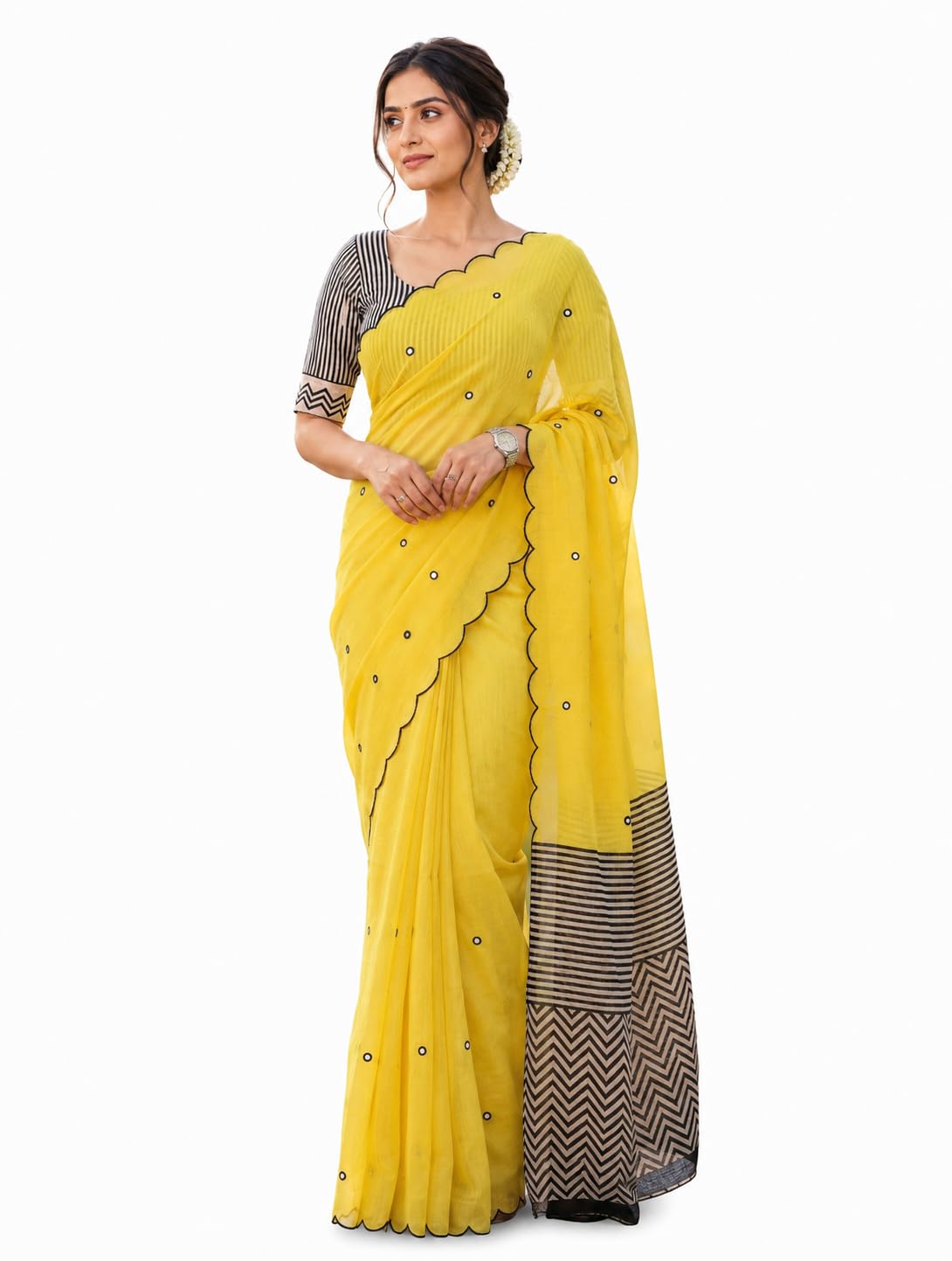 new linen cotton saree with black mirror work-image-33