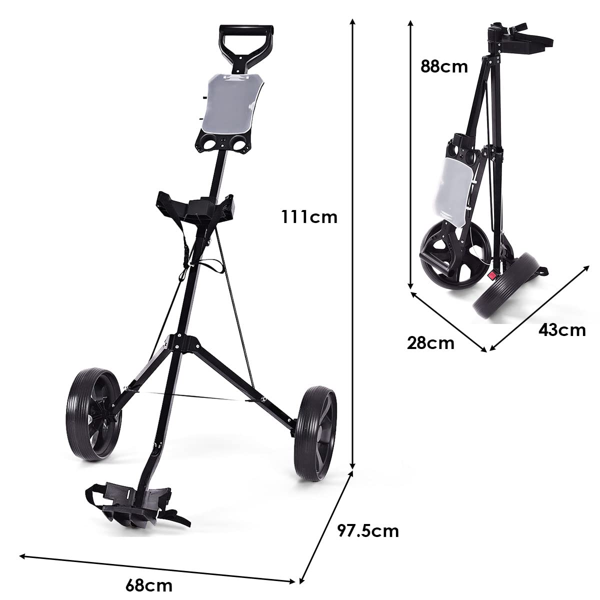 GYMAX Chariot de Golf à 2 Roues, Voiturette Golf Pliable avec Tableau de Score, Chariot de Golf Manuel avec Cadre en Acier Stable et Robuste, 97,5 x 68 x 111 cm