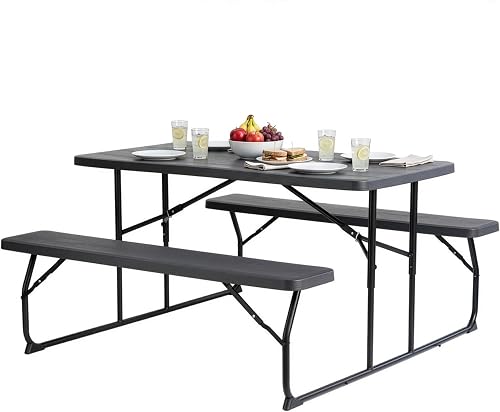 Gardenised Gray Folding Picnic Table Set with Benches, Woodgrain Plastic Outdoor