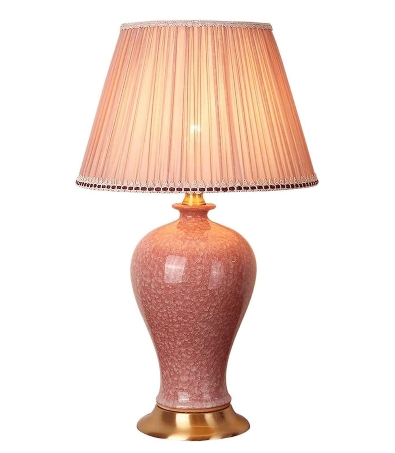 AZHKJKZH Table Lamp Ceramic Table Lamp Fabric Lampshade Bedside American Style Copper Base Nightstand For Bedroom Living Room For Home(Pink,36 * 63cm)