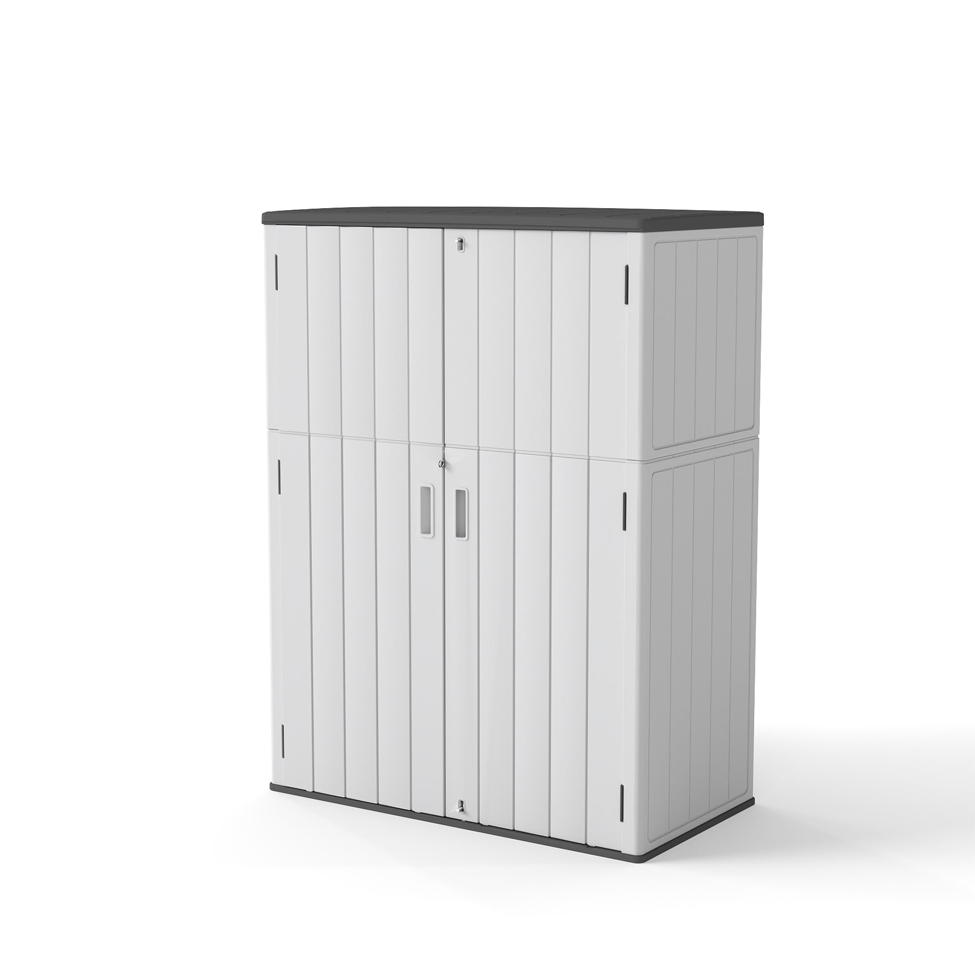 Multi-Function Gray Storage Tower, Measuring 52x28x69 Inches - A Weatherproof Solution for Organizing Tall Tools and Storage