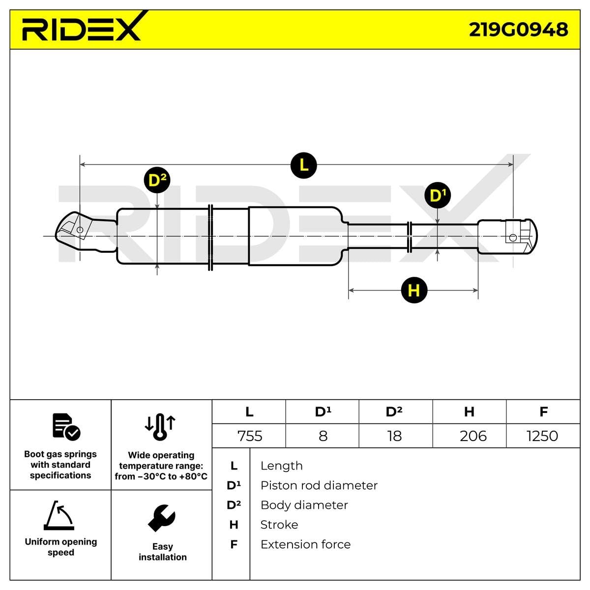 RIDEX 219G0948 Ammortizatore pneumatico Cofano bagagli/vano carico con funzione stop Compatibilità con VW Transporter V Bus 7HB, 7HJ, 7EB, 7EJ, 7EF, 7EG, 7HF, 7EC